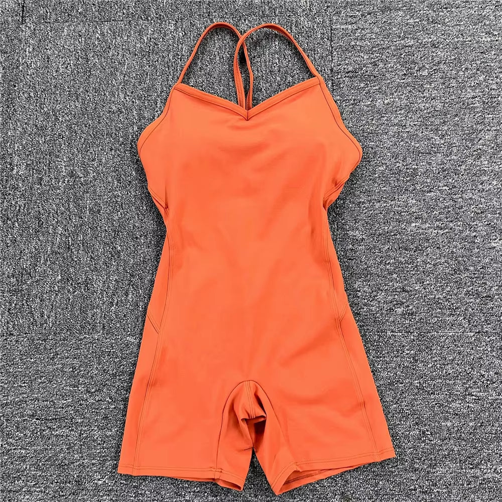 Backless Sports Woman 2023 Lycra Fitness Overalls One Piece Jumpsuit Shorts Sport Outfit Gym Workout Clothes for Women Sportwear